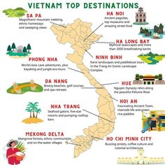 the vietnam top destinations with their names in english and vietnamese, which are highlighted on this map