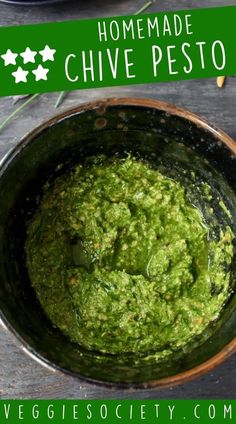 homemade chive pesto in a bowl with text overlay