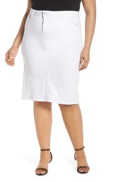 When the sunny season strikes, there's almost nowhere a crisp white denim skirt won't take you in style. 26" length Zip-fly with button closure Five-pocket style Back vent Lined 52% cotton, 39% rayon, 7% polyester, 2% spandex Machine wash, tumble dry Imported Encore Chic White Denim Skirt For Work, Casual White Cotton Pencil Skirt, White Cotton Pencil Skirt For Summer, White Summer Pencil Skirt For Workwear, White Pencil Skirt For Spring Workwear, White Spring Pencil Skirt For Work, White Pencil Skirt Bottoms For Spring, White Knee-length Pencil Skirt For Spring, White Denim Skirt With Pockets