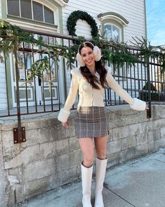 Knee High Lug Sole Boots, Fur Cardigan Outfit, Ear Muffs Outfit, White Skirt Winter, Christmas Maternity Outfits, White Christmas Outfit, Fur Trim Cardigan, Outfit Style Inspiration