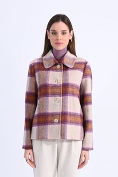 Elevate your winter fashion with our Purple/Ivory Mix Plaid Short Coat. Whether you're going shopping, heading to the office, or meeting friends for brunch, this coat will keep you warm and stylish. Embrace the winter season with confidence and style by adding this fashionable and functional piece to your wardrobe today. Going Shopping, Maxi Jumpsuit, Plaid Coat, Swimwear Sets, Plaid Shorts, Long Sleeve Midi, Short Coat, Skirt Leggings, Active Wear Tops