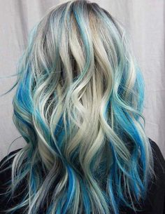 Blonde Hair With Blue Highlights, Blonde And Blue Hair, Blue Hair Highlights, Blue Ombre Hair, Blue Highlights, Ombre Hair Color, Hair Dye Colors, Colored Highlights