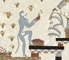 an egyptian scene with two men and a bird in the air, one holding a flower