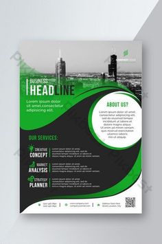 a green and black business flyer with cityscape in the background on a white wall