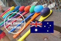 australia day games for kids on a wooden bench with australian flag in the foreground