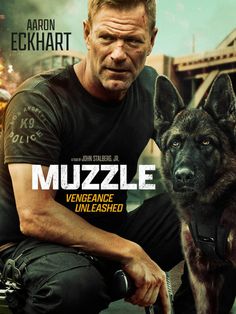 a man sitting next to a dog on top of a poster for the movie muzzle