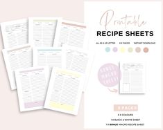 the printable recipe sheets are lined up on top of each other, with pink and yellow accents