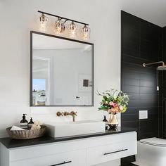 a white toilet sitting next to a bathroom sink under a mirror above a black counter top