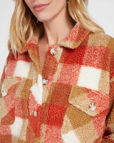 This sherpa jacket is loaded with cozy vibes! Boxy fit with a button-up front, two chest pockets and a plaid pattern that adds a touch of rugged comfort to your cold-weather ensemble. Made of snuggly sherpa with a soft knit lining. | Yukon Sherpa Jacket for Women by Herizon from Wantable Casual Plaid Fleece Jacket With Pockets, Plaid Fleece Jacket With Pockets For Fall, Plaid Shacket With Pockets For Cold Weather, Cozy Fall Shacket For Cold Weather, Cozy Plaid Shacket With Pockets, Cozy Fall Shacket With Buttons, Cozy Fleece Jacket With Button Closure, Orange Plaid, Jacket For Women