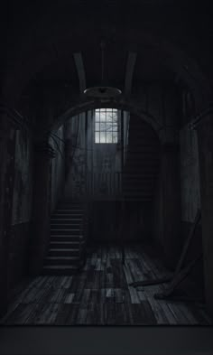 an empty dark room with stairs leading up to the window