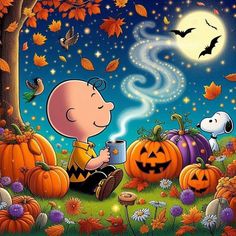 a charlie brown halloween scene with pumpkins and jack - o'- lanternes