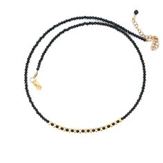 Natural gemstone dainty black Spinel and 14k gold filled choker necklace is approximately 16” plus a 2” extender chain with 14k gold filled beads and lobster claw clasp. These top quality, AAA black spinel beads look like black diamonds and are a dainty 2mm in size. The gold beads are 3 mm. You will love this elegant choker/ necklace. Click here to see a longer and chunkier version of this necklace. Watch the product video to see the Black Spinel sparkle!The 14k gold filled chains and clasps in Minimalist Black Jewelry With Gold Beads, Minimalist Gold Necklace With Black Beads, Minimalist Gold Beaded Necklace With Black Beads, Black Adjustable Necklaces With Delicate Chain, Dainty Gold Necklace With Black Beads, Adjustable Black Necklace With Gold Beads, Gold Jewelry With Black Spinel, Classic Black Spinel Jewelry, Elegant Black Spinel Beaded Necklace