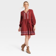 Women's Balloon Long Sleeve Embroidered Dress - Knox Rose™ : Target Rose Balloon, Maroon Long Sleeve Dress, Red Boho Dress, Long Sleeve Babydoll Dress, Peasant Style Dress, Long Sleeve Embroidered Dress, Long Sleeve Boho Dress, Embroidered Dress Boho, Balloon Sleeve Dress