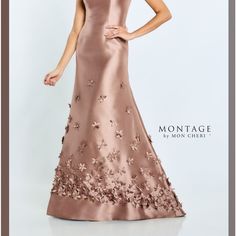 Montage Mon Cheri Dress Style M513 Vneck Dress With A Shawl Size 18 Never Worn- Just Picked It Up Today- Too Big And Can’t Return Dress- Color Bronze But It’s More Of A Rose Gold In My Opinion Mother Of The Bride Looks, Mikado Dress, Mother Of The Groom Dress, Montage By Mon Cheri, Mikado Fabric, Train Design, Intricate Beading, Timeless Dress, Dress Order