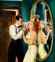 a painting of a man fixing a woman's dress in front of a mirror