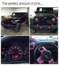 the interior of a jeep with pink lights and steering wheel stickers on it's dashboard