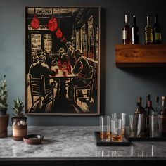 a bar with liquor bottles and glasses on the counter, next to an art piece