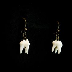 These adorable real bone raccoon tooth earrings are a dainty and elegant choice for an animal taxidermy jewelry set. These earrings have an antique brass finish that goes with anything. Small and subtle but still animal bone and a little bit creepy, a perfect gift for that special witch in your life! -Real raccoon molar tooth bone -Antique brass plating -Lever back earring hook closure The teeth in your earrings set will differ slightly in appearance from the ones shown, as all teeth are individ Wisdom Teeth Earrings, Animal Bone Jewelry Clay, Animal Bone Earrings, Diy Bone Jewelry, Funky Earrings Diy, Raccoon Teeth, Bone Jewellery, Odd Jewelry, Real Bone Jewelry