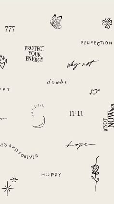 many different types of tattoos on a white background with black ink and some writing that says protect your energy