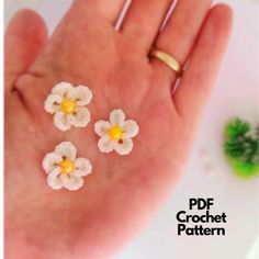 small crochet flowers are placed on the palm of a hand