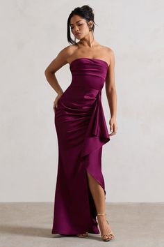 Ace | Plum Satin Bandeau Split Maxi Dress With Ruffle Drape Perfect Wedding Guest Dress, Plum Bridesmaid Dresses, Midi Bridesmaid Dress, 2025 Wedding, Club L London, Black Dress Prom, Strappy Stilettos, Black Tie Gala, Split Maxi Dress