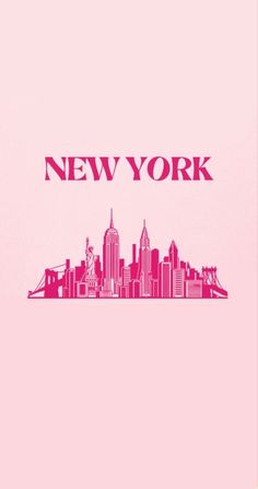 the new york skyline is shown in pink