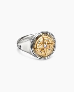 Maritime® Compass Signet Ring in Sterling Silver with 18K Yellow Gold and Center Diamond, 19.4mm Anniversary Jewelry Ring With Compass Design, Classic Jewelry With Compass Design For Anniversary, Classic Compass Design Jewelry For Anniversary, Luxury White Gold Rings With Rotating Bezel, Sterling Silver Rings With Compass Design For Anniversary, Luxury Rings With Rotating Bezel For Formal Occasions, Yellow Gold Diamond Rings With Rotating Bezel, Classic Jewelry With Rotating Bezel For Anniversary, Luxury Gold Rings With Rotating Bezel