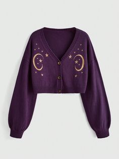 Purple Casual Collar Long Sleeve Fabric Galaxy  Embellished Slight Stretch  Women Clothing Aliencore Outfit, Violet Clothes, Space Clothes, Hippie Cardigan, Goth Plus Size, Purple Clothes, Mode Purple, Drop Shoulder Cardigan, Star Embroidery