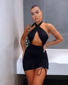 Women's black mini dress, featuring asymmetrical wrap halter neck, cut-out detail, backless style, ruched double layer with drawstring. Mini Dress Club, Tie Wrap Dress, Party Dress Summer, Cross Neck, Tie Wrap, Streetwear Fashion Women