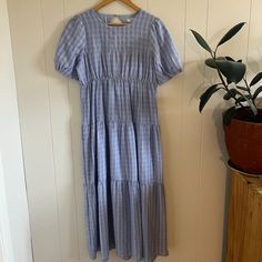 Light Blue, Subtle Gingham Pattern. Has Pockets! Cutout Detail In Back. Excellent Condition; Never Worn. Gingham Short Sleeve Midi Dress For Brunch, Gingham Midi Dress With Short Sleeves For Brunch, Short Sleeve Gingham Midi Dress For Brunch, Blue Smock Midi-length Dress, Gingham Pattern, Mod Dress, Gingham, Light Blue, Midi Dress