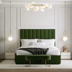 a green bed with white sheets and pillows