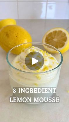 lemon mousse in a glass bowl with the words, 3 ingredient lemon mousse