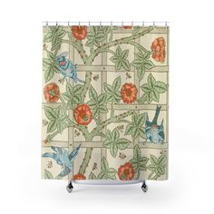 a shower curtain with flowers and birds on it