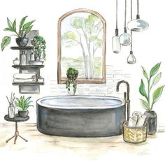 a drawing of a bathtub with plants in it