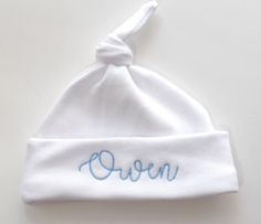 White Knotted Personalized Embroidered Monogrammed Baby Hat | Etsy White Cotton Bonnet As A Gift, White Cotton Bonnet As Gift, White Personalized Cotton Hat, Personalized White Cotton Hat, Fitted Embroidered White Hat, White Embroidered Beanie Hat, White Embroidered Fitted Hat, White Embroidered Hat For Gift, Baby Baker