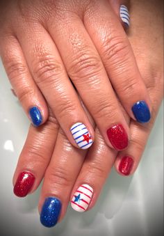 Red white and blue nails White And Blue Nail Designs, White And Blue Nail, Red White And Blue Nails, White And Blue Nails, Patriotic Nails Design, Patriotic Nails, 4th Of July Nails, Blue Nail Designs, July Nails