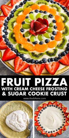 fruit pizza with cream cheese frosting and sugar cookie crust is an easy dessert recipe