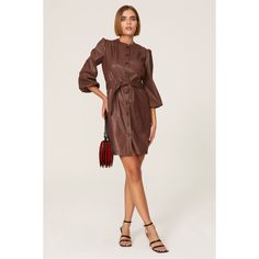 Brown faux leather (88% Polyester, 12% Polyurethane). Hourglass. Crew neck. Three quarter sleeves. Side zipper closure. 36" from shoulder to hemline. Made in USA of imported materials. Leather Knee-length Mini Dress For Date Night, Faux Leather Mini Dress For Work, Brown Shirt Dress For Workwear, Fall Leather Mini Dress For Work, Leather Mini Dress For Work In Fall, Fall Leather Mini Dress For Date Night, Chic Leather Mini Dress With Long Sleeves, Leather Mini Dress For Date Night In Fall, Chic Belted Faux Leather Dress