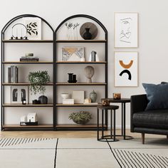 a living room filled with lots of furniture and bookshelves on top of shelves