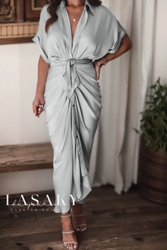 Lasaky - Stylish Pleated Long Dress Shirt Dress for Womens Fashion Bodycon Shirt, Tie Up Shirt, Formal Occasion Dress, Button Shirt Dress, Winter Chic, Summer Fashion Dresses, Maxi Shirt Dress, Halter Maxi, Shirt Dress Casual