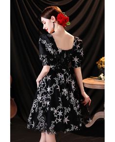 Buy black short party hoco dress aline with star patterns bubble sleeves at wholesale price online. Free shipping and pro custom service since 2009. Elegant Star Print Party Dresses, Star Print Evening Dresses For Party Season, Summer Party Dress With Star Print, Summer Party Mini Dress With Star Print, Fitted Evening Dress With Star Print, Elegant Evening Dress With Star Print, Elegant Star Print Evening Dress, Fitted Star Print Dresses For Evening, Fitted Star Print Dress For Evening