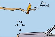 a bird sitting on top of a tree branch next to a car with the words the artist and the canvas