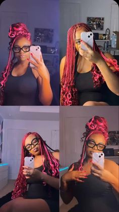 Styles With Braids For Black Women, Red And Pink Hair Braids, Hair Styles For Knotless Box Braids With Curls, Hairstyles For Big Box Braids, Boho Knotless Braids With Color Pink, Knotledd Braids Styles, Pink And Brown Hairstyles, Red And Pink Braids Black Women, Pink And Burgundy Braids