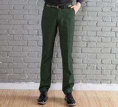 Gender: MaleItem Type: Suit PantsFront Style: FlatMaterial: Polyester, WoolPant Closure Type: Zipper FlyMain Fabric: 85% Wool, 15% PolyesterPattern: SolidStyle: FormalThickness: RegularVersion Type: Slim Fit ﻿SKU: 1396501 Green Straight Leg Office Pants, Green Trousers For Office, Green Trousers For Business Casual, Green Business Casual Trousers, Green Office Pants With Pockets, Green Ankle-length Dress Pants For Office, Green Slim Fit Trousers, Formal Green Straight Leg Dress Pants, Green Straight Dress Pants With Pockets