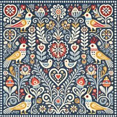 a blue and red floral design with birds on the border, surrounded by flowers and hearts