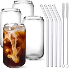 Drinking Glasses with Glass Straw 4Pcs Set - 16Oz Can Shaped Glass Cups, Beer Glasses, Iced Coffee Glasses, Cute Tumbler Cup, Ideal for Whiskey, Soda, Tea, Water, Gift - 2 Cleaning Brushes Whiskey Soda, Glass Drinking Glasses, Coffee Glasses, Mocha Coffee, Drinking Glass Sets, Cleaning Brushes, Old Fashioned Glass, Iced Coffee Cup, Glass Cups