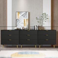 a black and gold sideboard in a living room