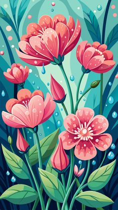 pink flowers with green leaves and water drops on the blue background, digital painting style