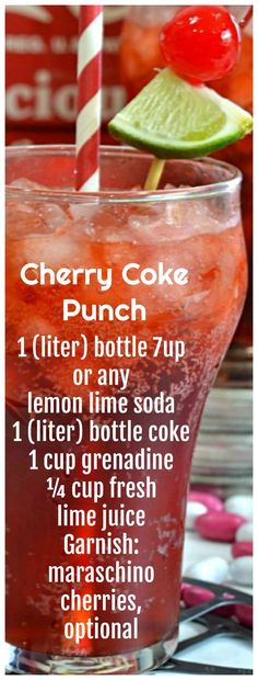 the cherry coke punch is ready to be served in a glass with a striped straw