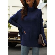 Navy Blue Turtleneck Side Split Pullover Knit Sweater Blue Turtleneck For Winter Layering, Blue Long Sleeve Turtleneck For Fall, Blue Ribbed Turtleneck Sweater, Blue Ribbed Knit Outerwear, Oversized Blue Sweater For Fall, Casual Blue Long Sleeve Turtleneck, Oversized Blue Turtleneck Sweater, Blue Ribbed Outerwear For Winter, Oversized Blue Ribbed Top